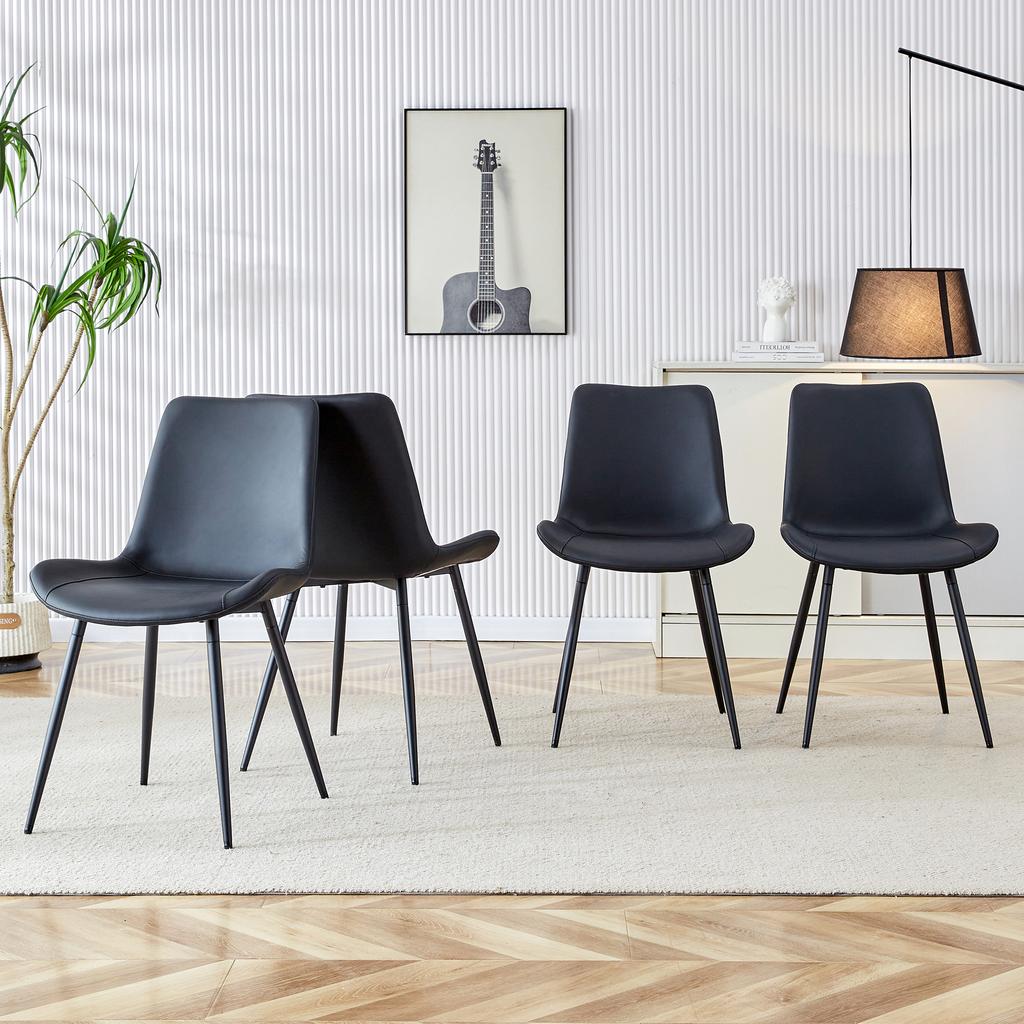 4-Piece Set Modern Dining Chairs in Black with PU Cover and Metal Frame - Wide Seats with Backrest, for Dining Room, Home Office and Living Areas
