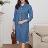 ZANZEA Women Casual Turn Down Collar Summer 3/4 Sleeve Dress