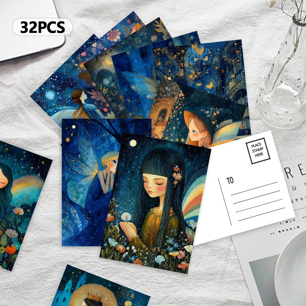32pcs Postcards, Magical Night Fairy Theme,Indoor Bedroom Decor,Wall Stickers,Message Cards,Greeting Cards, Memorial Postcards
