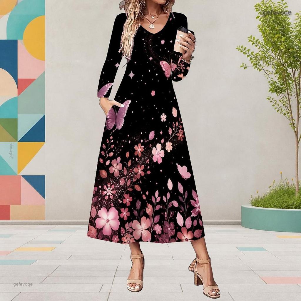 Women Plus Size V Neck Long Sleeve Butterfly Printed Black A Line Midi Dress With Pockets