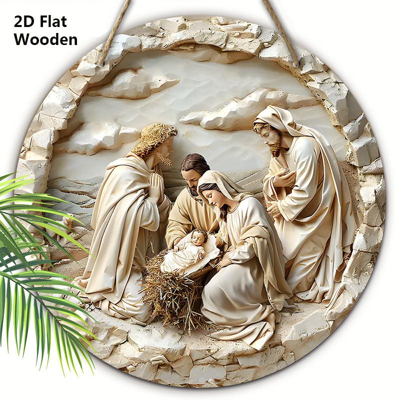 Nativity Scene Wooden Sign, The Son of God Round Sign for Front Door Wall Hanging Decor, Ideal Christmas Ornament