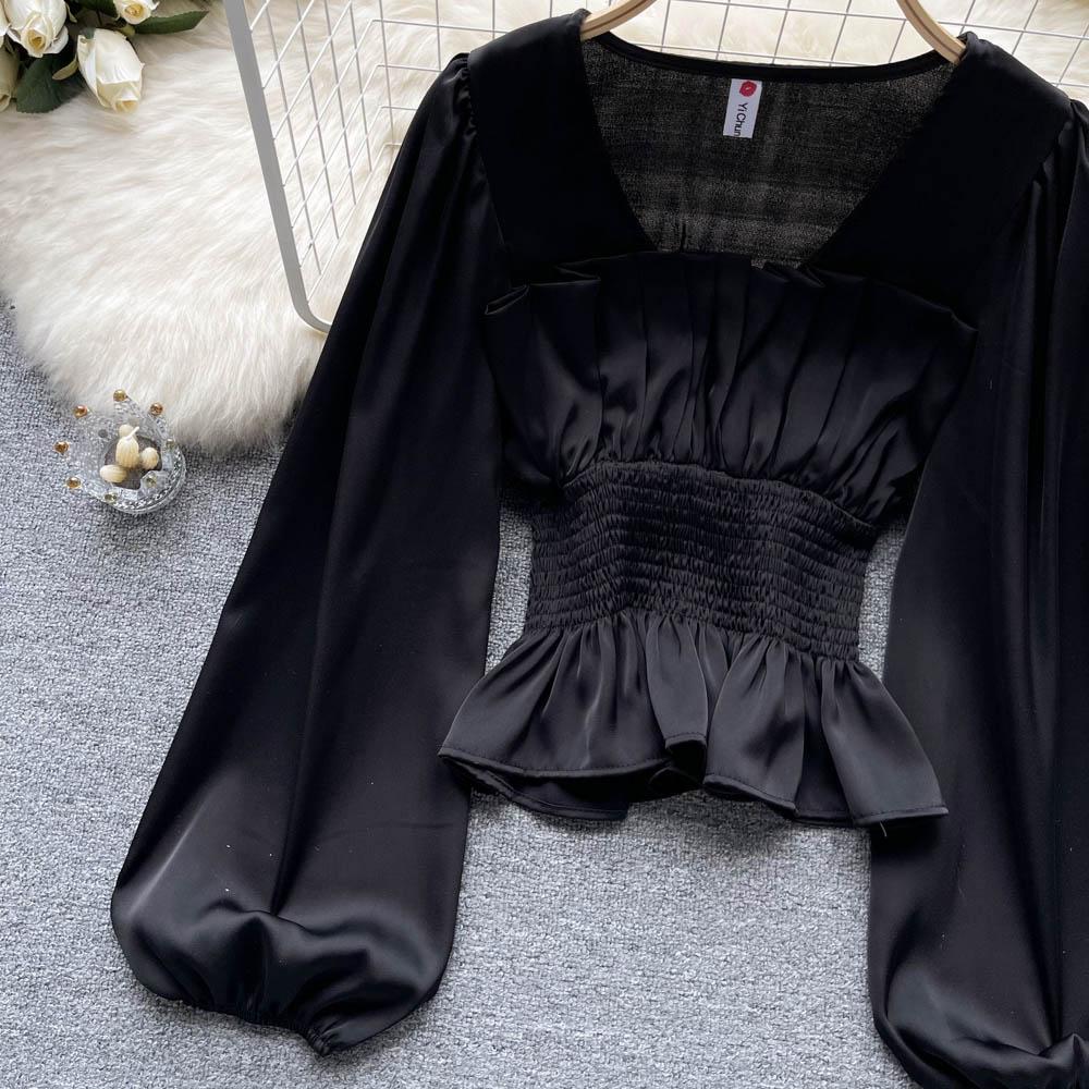 RUGOD Dámská podzimní košile s úzkým pasem a čtvercovým límcem, krásná košile s dlouhým rukávem