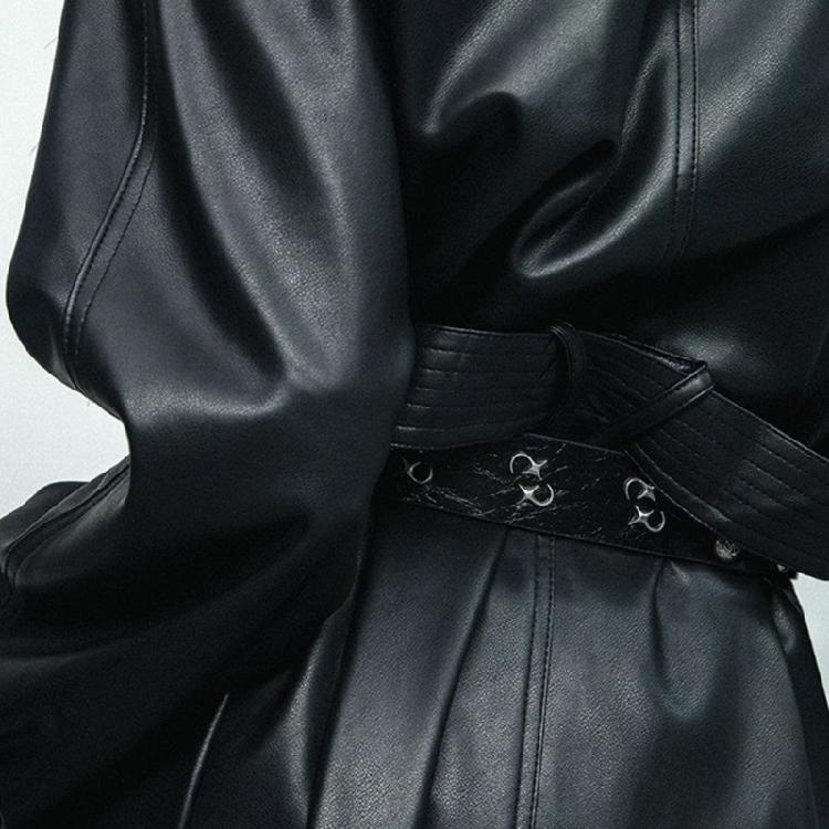 Gothic Style Women's Studded Belt Double Row Hole Waist Sash Secure Nonslip Clasp PU Leather Fashion Accessory