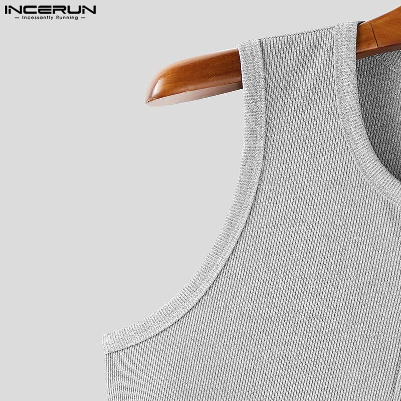 INCERUN Mens Summer Button O-neck Sleeveless Solid Color Casual Rib Tank Tops