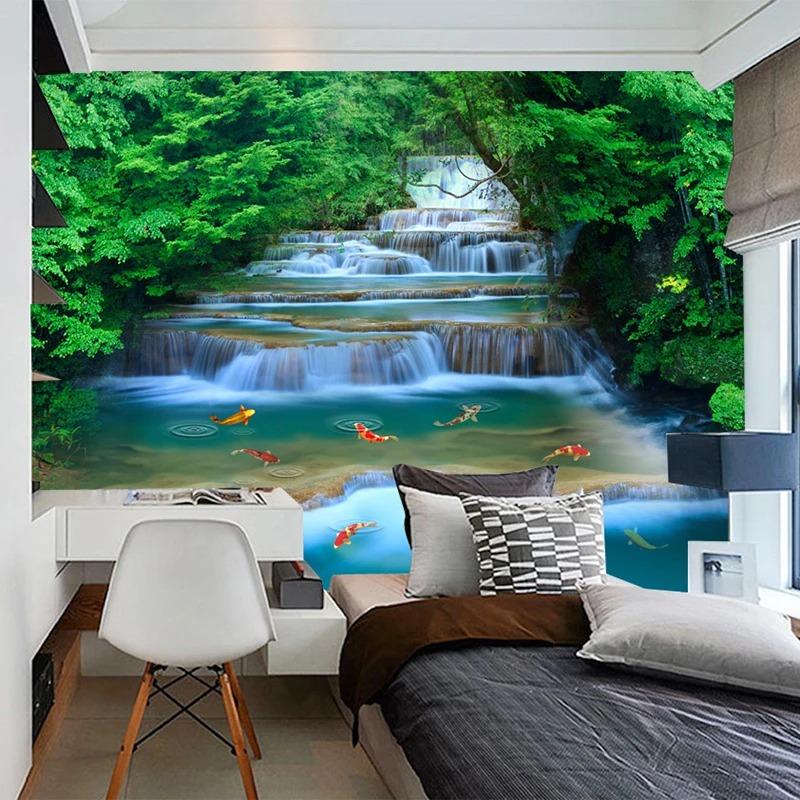 Waterfall Wallpaper Running Water Goldfish Photo Mural Nature Landscape Wall Painting Home Decor Wall Paper