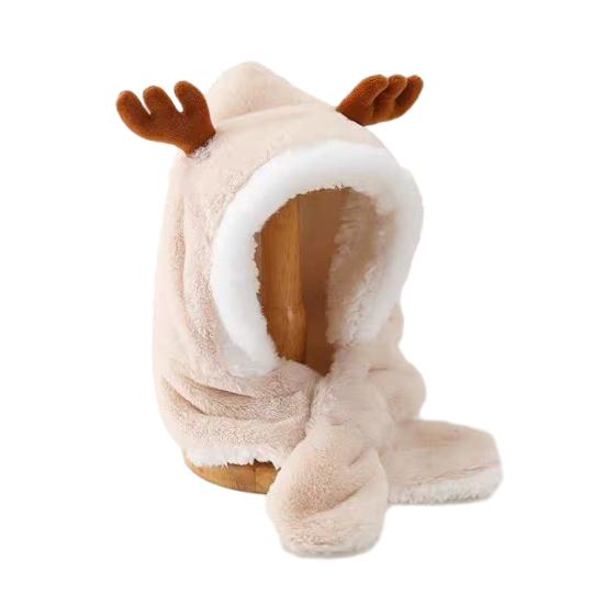

Baby Hat Winter Warm Thickened Plush Antler Design Windproof Temperature-Locking Soft Baby Outdoor Cap with Scarf Design бежевый