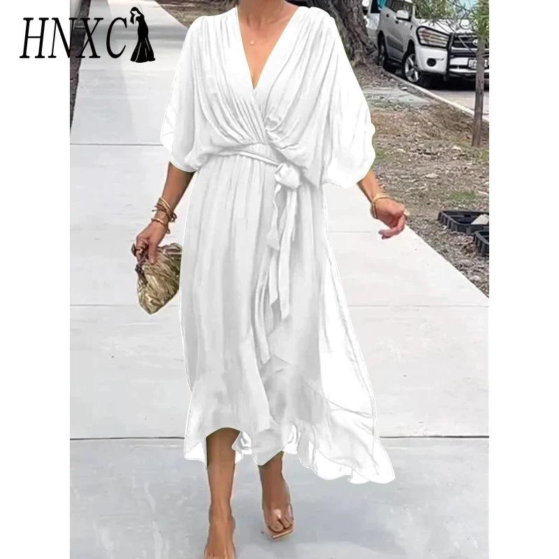 HNXC Women's Fashion Summer Spring Solid Color Print V-Neck High Waist Casual Dresses