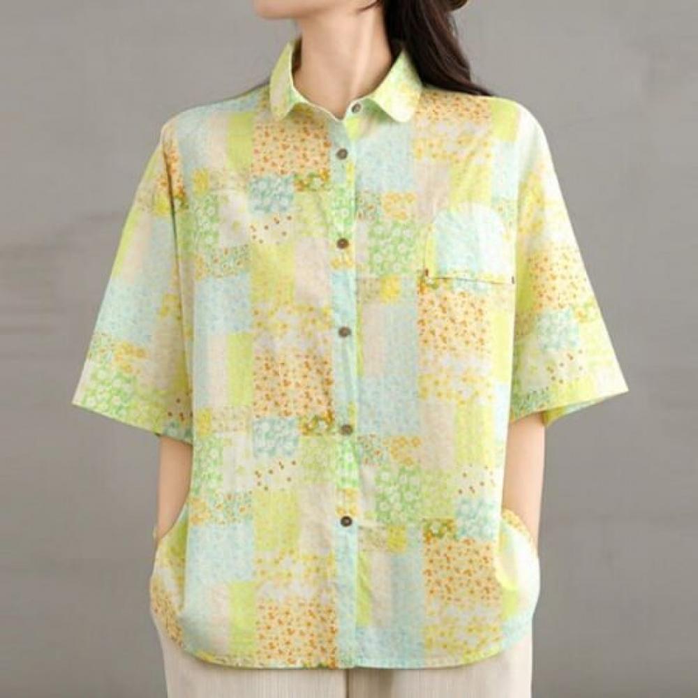 Navava Women Retro Pattern Loose Fit Short Sleeve Shirt Nb2661