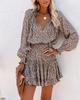 Trendy Women's Print V-Neck Waist-Cinching Dress with Long Sleeves