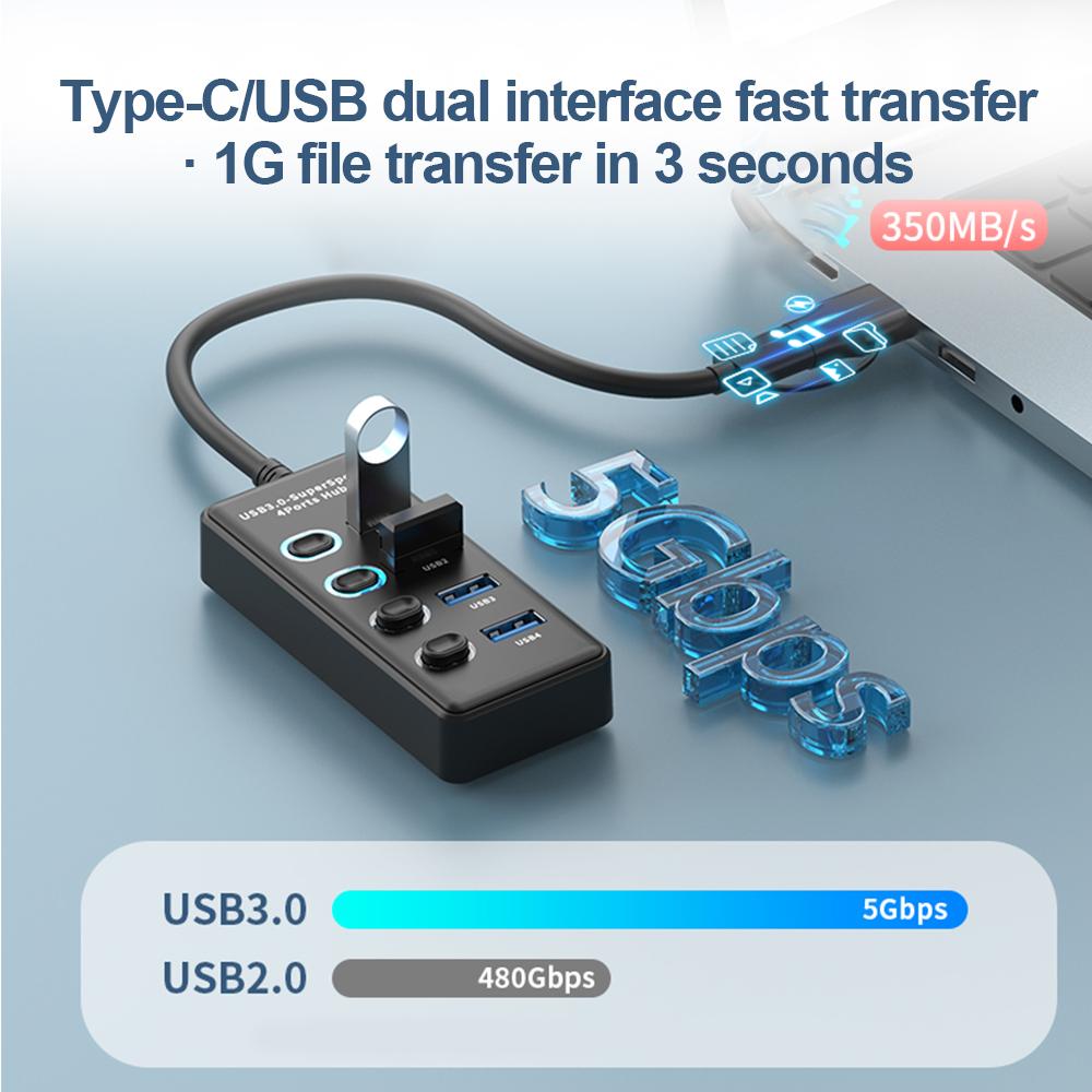 KEBIDUMEI USB HUB 7 Ports USB3.0 Splitter 5Gbps with Individual Switch Power Adapter for Laptop USB Ports Extender USB-C Docking