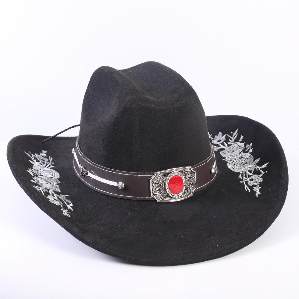 Popular European and American Classic Suede Western Cowboy Hat Men's and Women's Big Brim Embroidered Outdoor Sun Hat