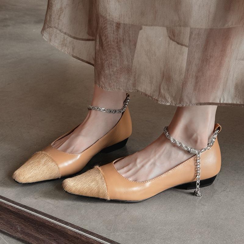 New solid color leather single shoes, four seasons women's fashion single shoes, pointed non-slip beef tendon sole, large size low heel small le