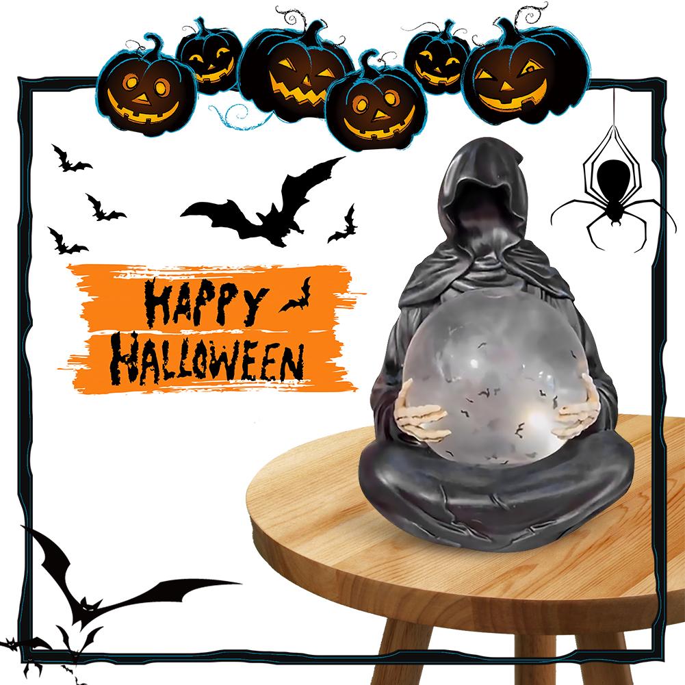 Grim Reaper Figurine with Light Up Ball Crystals Glowing Balls with Floating Bat The Death God's Crystal Balls for Halloween