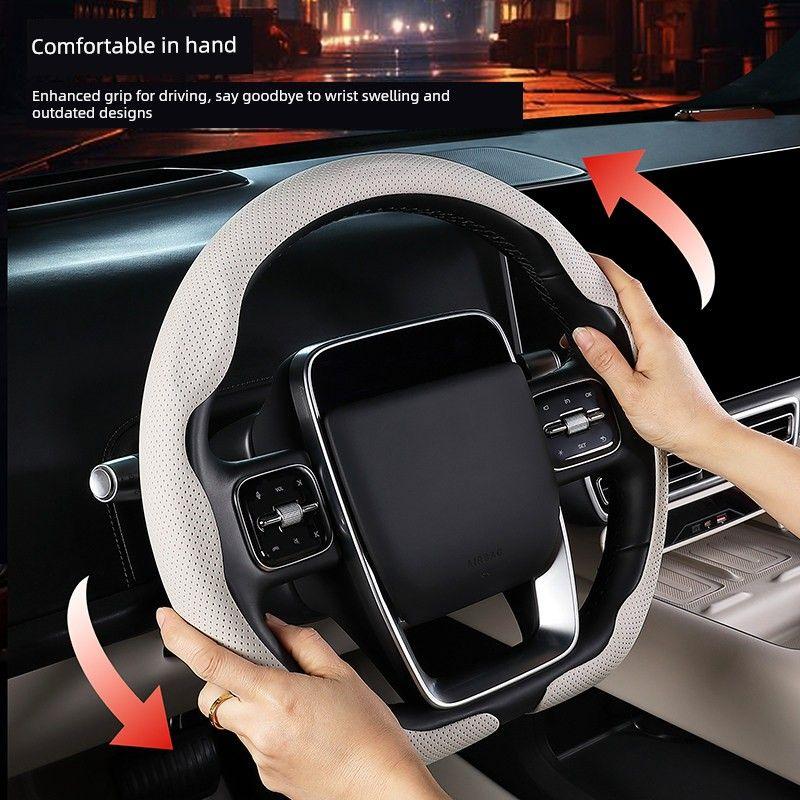 Car Steering Wheel Cover, Ultra-Thin, Breathable, Non-Slip, Sweat-Absorbent, New Style, Unisex, Suede Nappa Leather Handle Cover for Summer