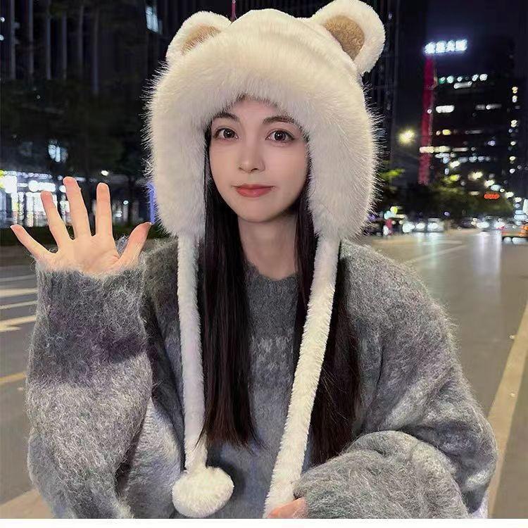 Fluffy Faux Fur Hat Ladies Hats With Bear Ears Winter Ladies Bucket Bear Ear Plush Hat New Version Cute Ear Protector for Women