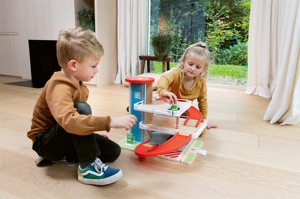 Scratch Wooden Multi-Story Parking Lot with Elevator, Wooden Toy, Ride-On Slope Toy, 6181085, Authentic