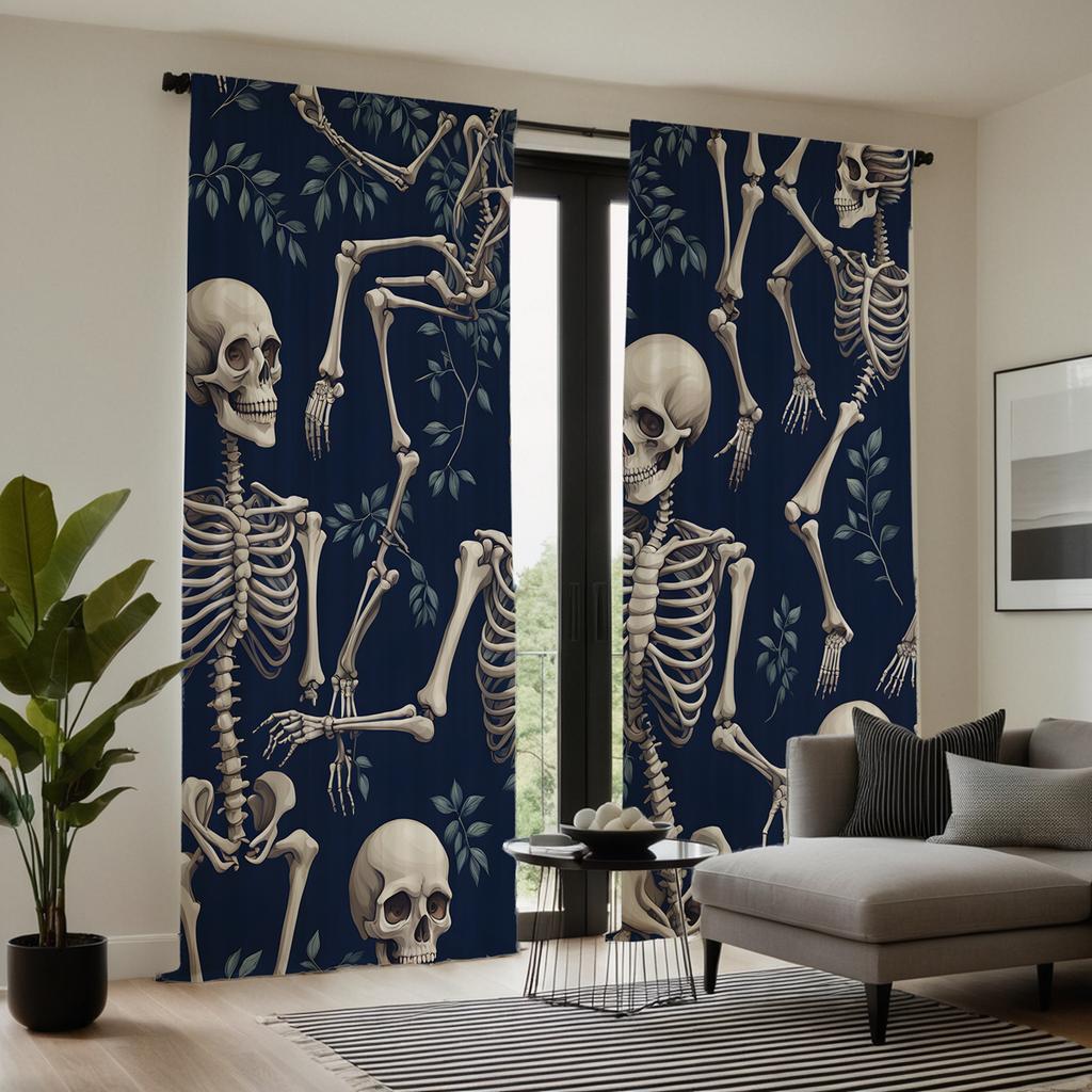 Set Of 2 Hd Halloween Skull Skeleton Green Leaf Curtain Black Tie Digital Printed Home Decor Style Decorate Living Ro Polyester