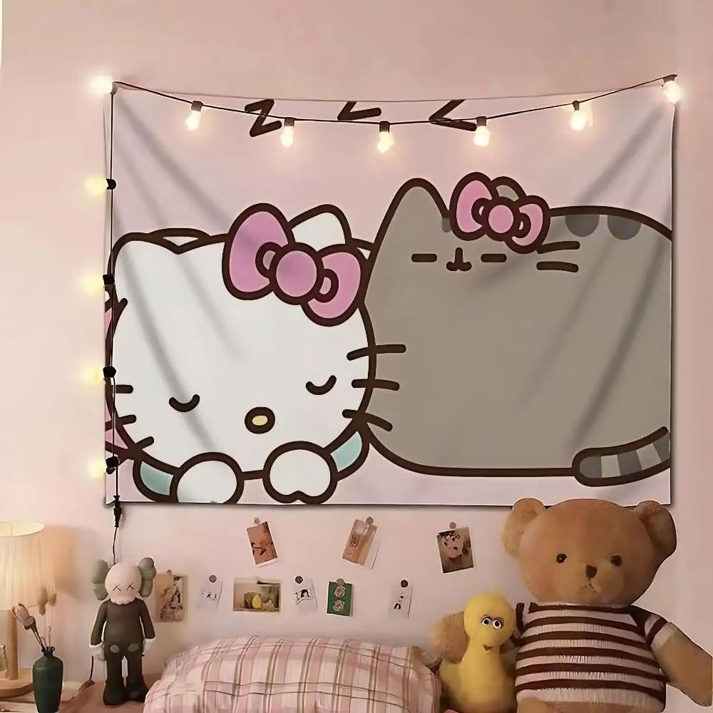 Sanrio Hello Kitty and Cat Cartoon Print Tapestry Bedroom Decoration Celebration Background Design Kawaii Anime Home Decoration