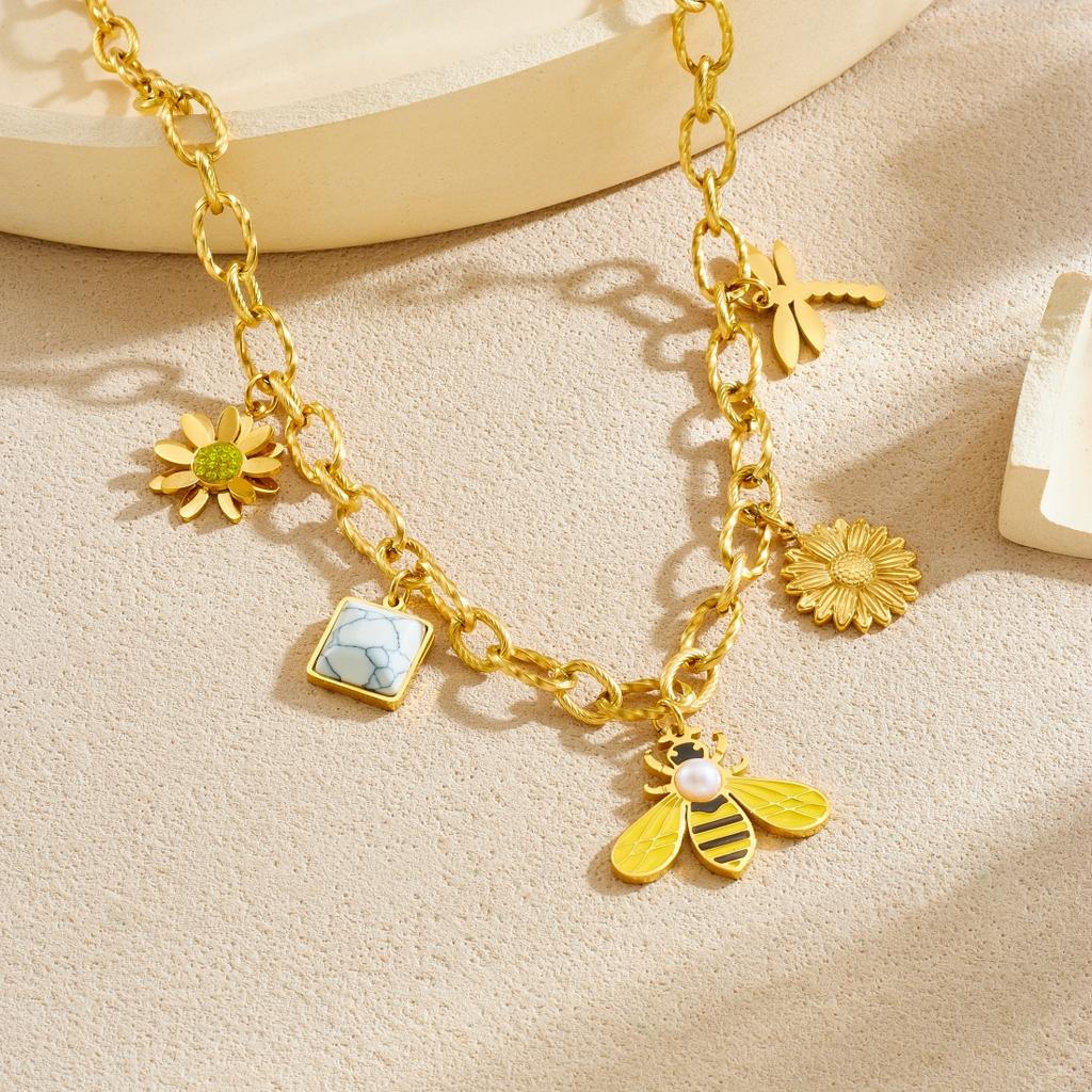 316L Stainless Steel Pearl Inlay Yellow Bee Lotus Sunflower Dragonfly Pendant Necklace Women New Trend Neck Chain Gifts