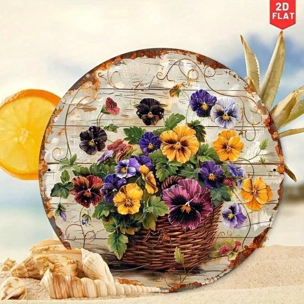 Vintage Tin Sign Round Floral Wall Art 8 Inch Metal Pansy Botanical Decor For Kitchen Garden Living Room Home