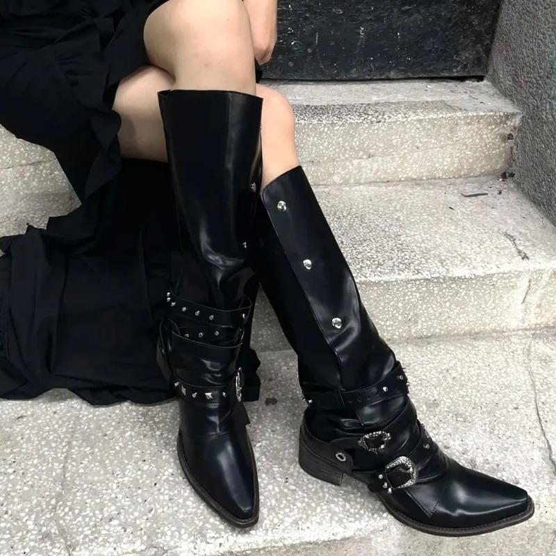 Fashion Wasteland Punk Style Gothic Black Vintage Motorcycles Boots for Women Pointy Toe Rivets Western Boot Shoes