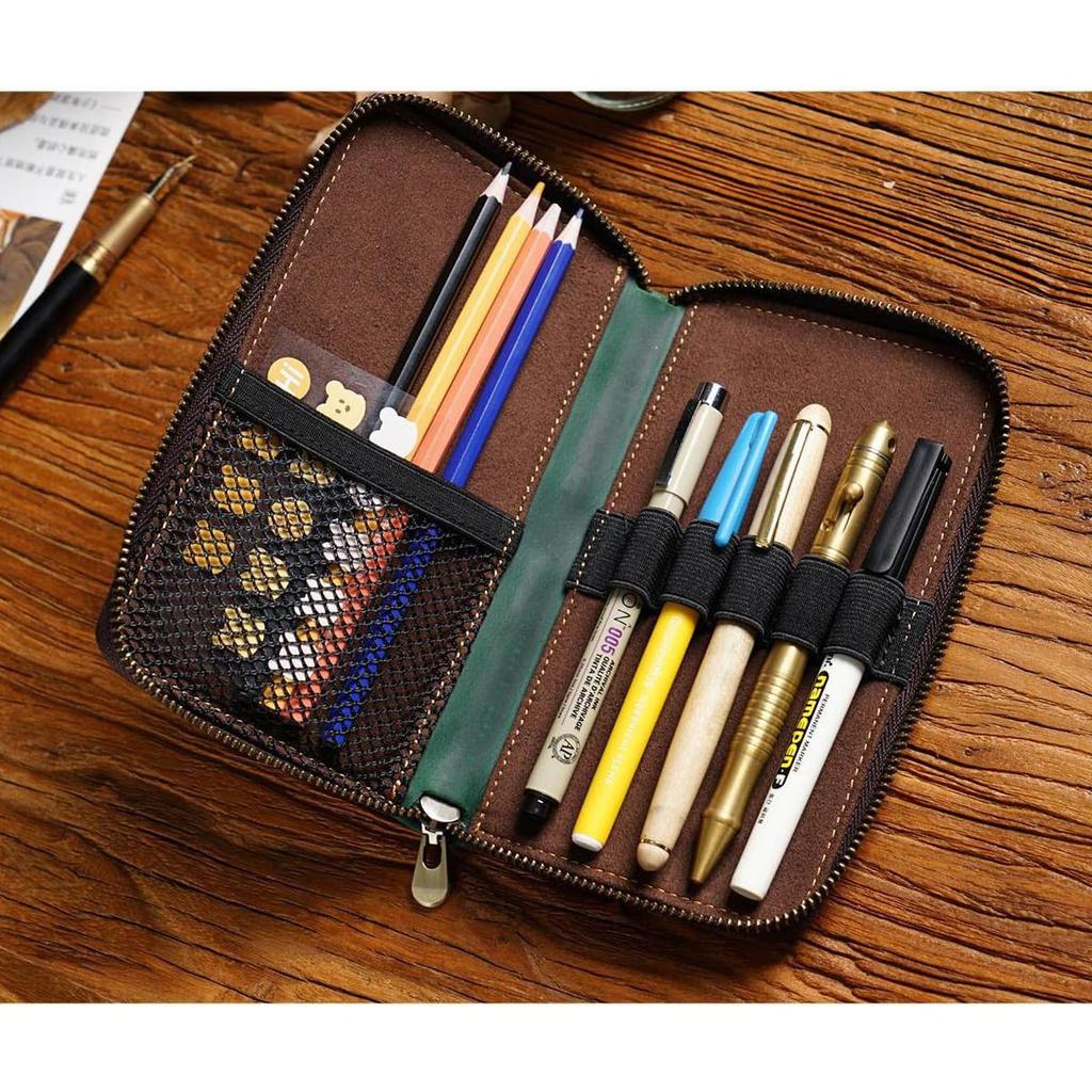 HIMHERCOM Pencil Zipper Pencil Case with Fixed Small Item Large Fountain Pen Retro Fountain Pen Genuine Pencil High School Pen Unisex Case, Leather,