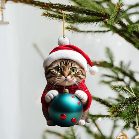 10Pcs Car Rearview Mirror Pendant 2D Acrylic Cat Charm Christmas Tree Ornament Car Interior Accessory