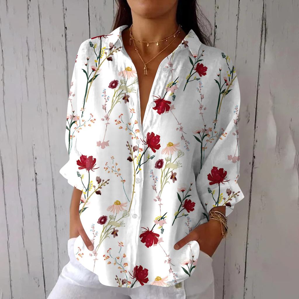 Women's Fashion Seven Sleeve Casual Lapel Back Tie Shirt Printed T-Shirt Top