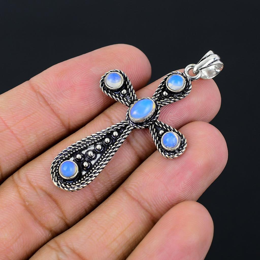 Milky Opal Gemstone Handmade 925 Sterling Silver Gift Cross Pendant 2.10" b2N21