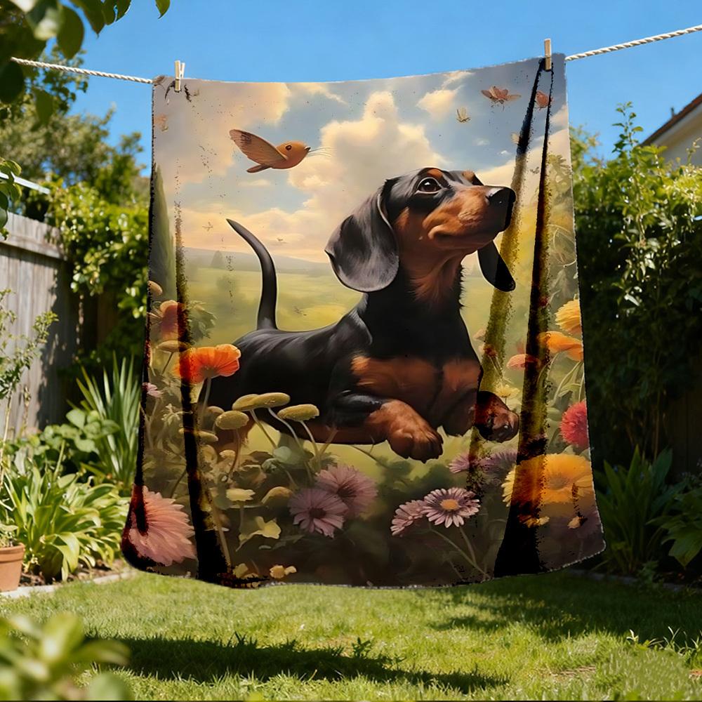 

1pc Dachshund, Flower Field Print Outdoor Blanket, Lightweight Polyester, 80x120cm