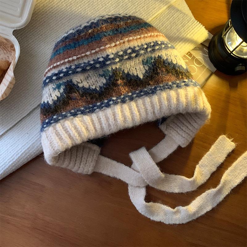 Fair Island Style Thickened Warm Wool Hat Autumn and Winter Retro Versatile Face Showing Small Bag Head Hat Outdoor Casual Hat Women