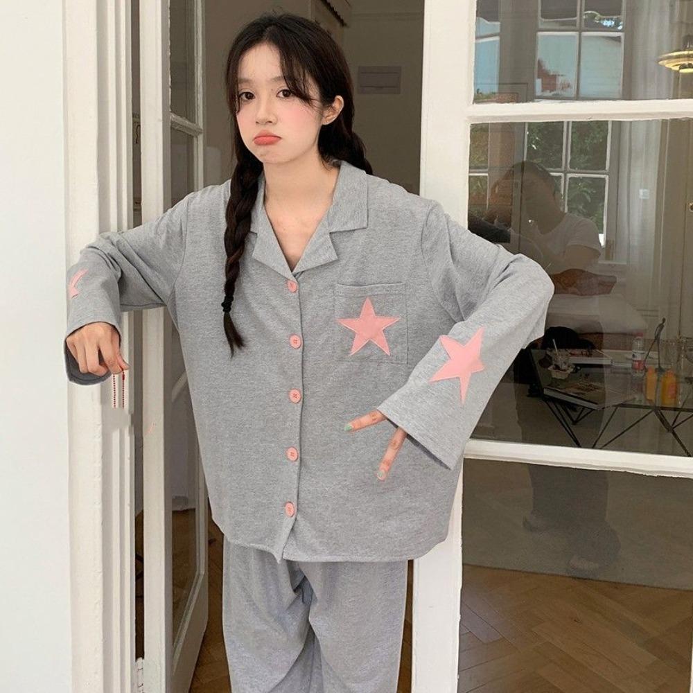 

Stars Pajamas Women Solid Long Sleeves Pajamas Sweet Sleepwear Pants Suit Home Clothes M