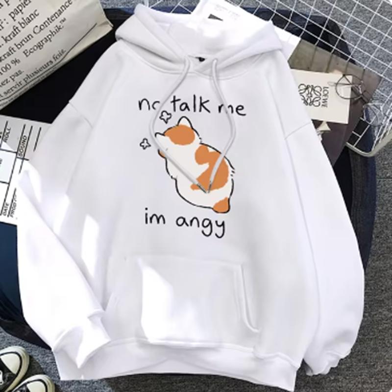 Sudadera con estampado de gato enojado No Talk Me para mujer, sudadera suave de Hip Hop, sudadera informal de lana, ropa de calle de lana de gran tamaño para mujer