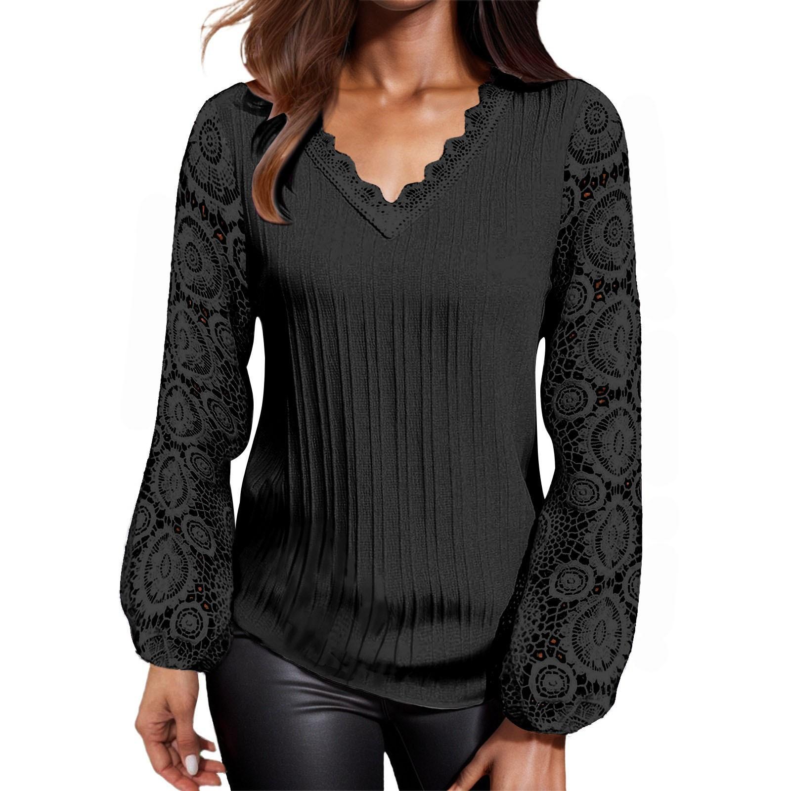 Women s Loose V-neck Lace Patchwork Long Sleeved Casual T-shirt Top XL чёрный
