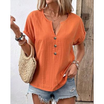 Sommerhemd Mode Damen Knopf V-Ausschnitt Locker Kurzarm T-Shirt Top Damen