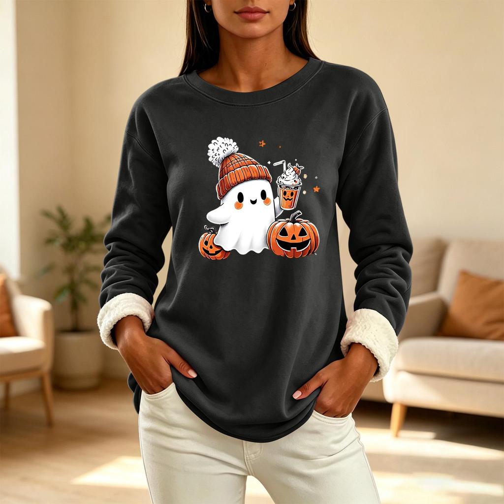 Women's -Lined Long Sleeve Round Neck Sweatshirt with Halloween Print for Winter Casual Wear