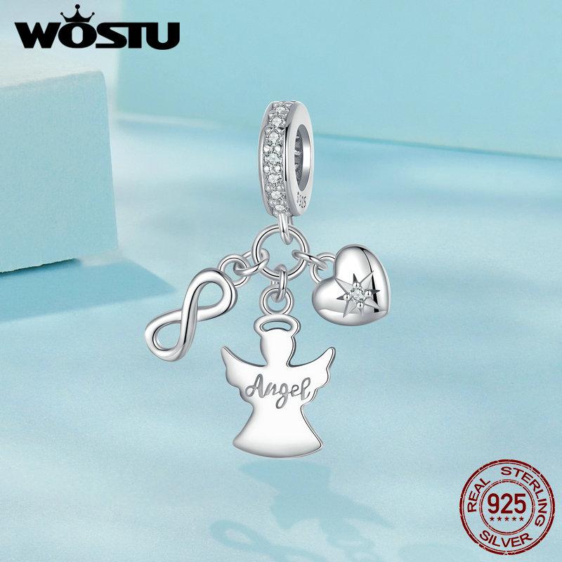 WOSTU real 925 Sterling Silver Guardian Angel Charm Flower Pendant Bow Stopper Beads Fit Bracelet Necklace Pendant Party Jewelry
