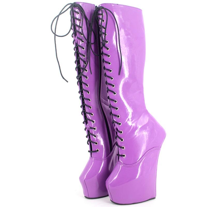 Fashion FHC New Wedges Pony Heelless Knee High Boots,Fetish Dance Shoes,Men Cosplay Botas,20cm,5cm Platform,Purple,Customized Color