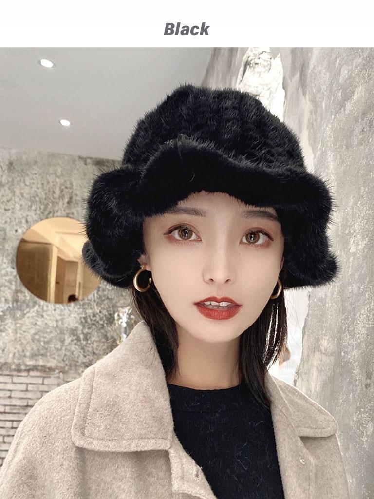 MWFur Winter White Mink Fur Bucket Hat Lady s Luxurious Hand Knitted Mink Fur Hat Hat for Women чёрный