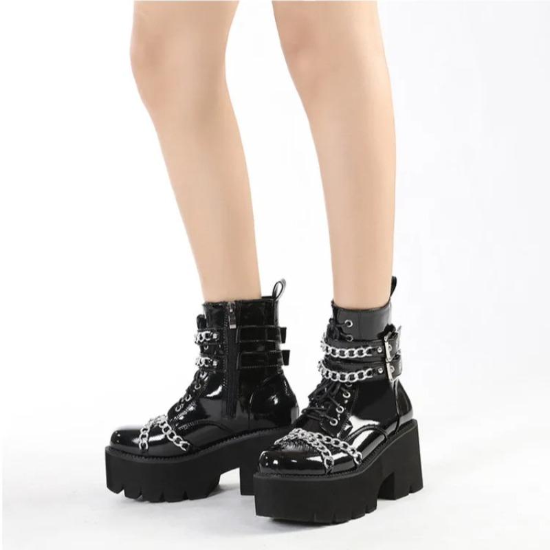 Punk Style Women Boots Fashion Wedge Heeled Boots High Quality Patent Leather Boot Casual Platform Boots for Women Zapatos Mujer