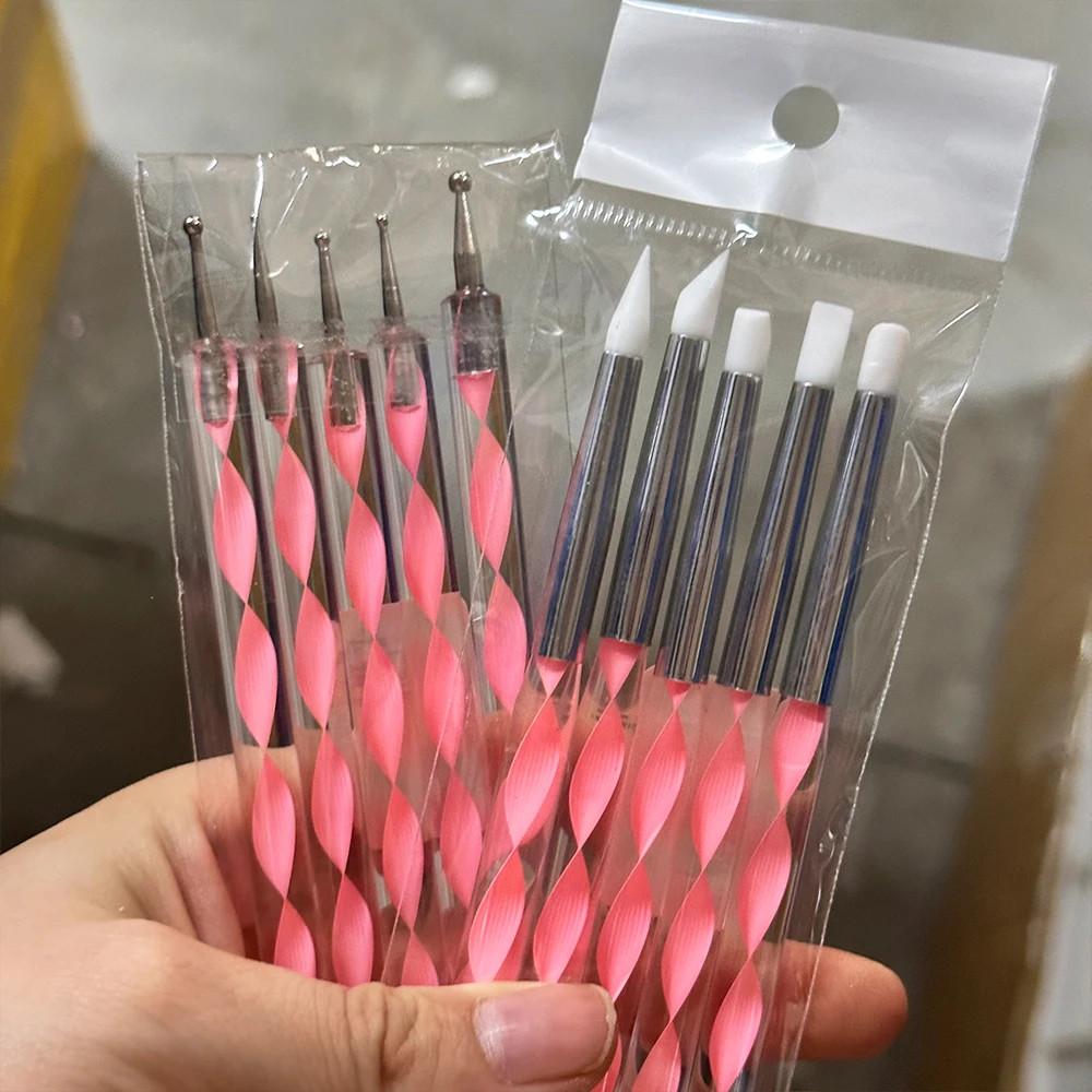 5 Buc pensule siliconice cu 2 capete pentru unghii acrilice, cu vârfuri pentru sculptură și punctare, pentru gel UV, pixuri de punctare din oțel inoxidabil, instrumente de pictură