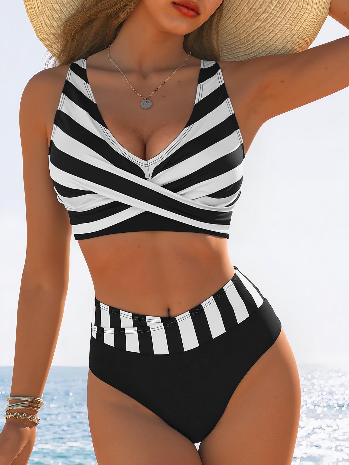 Stripe Print Cross High Waist Sexy Two Piece Bikini Set Elegant Slimming S