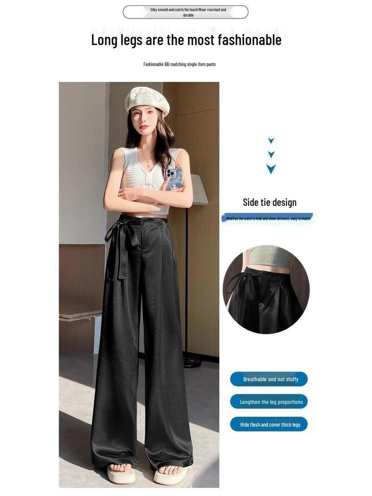 Damen Hochtaillierte Satin-Eis seide Weite Hosen - Sommer Bodenlang mit Bindeband Design