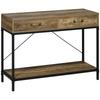 Industrial Console Table Sofa Table, 2 Drawers and Shelf, Brown and Black Metal Legs