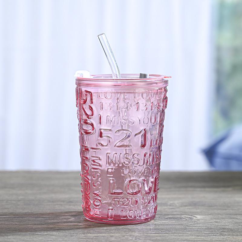 

Embossed Glass Cup, Heart-shaped Straw Cup, Office Cup, 480ml Double Drinking Coffee Cup, Household Cup with Lid, Drinking Water Cup About 480ml