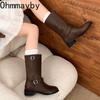 Winter Street Style Gürtelschnalle Damen Ritterstiefel Elegant Niedrig Absatz Schuhe Damen Slipper Mid-Calf Stiefeletten De Muje
