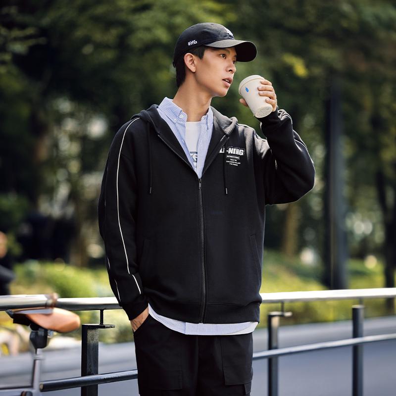 Li-Ning Lettered Cardigan Knitted Hooded Long Sleeve Casual Early Autumn Jacket Unisex jackets Black AWDU857-1