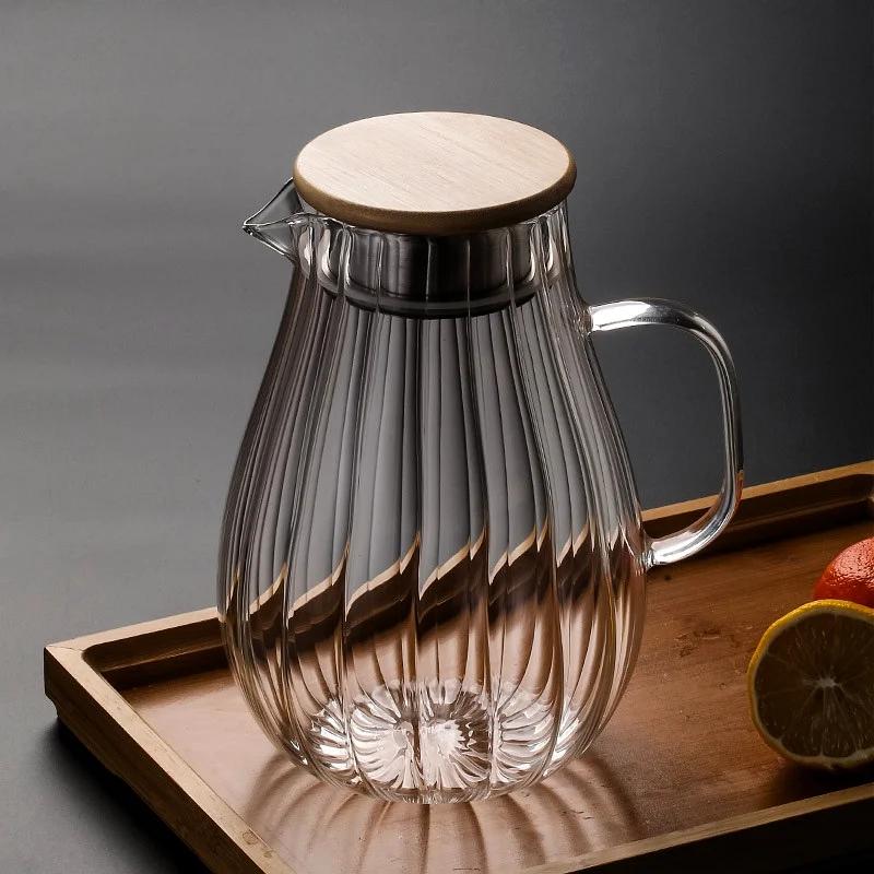 Large-capacity Glass Vertical Stripes Cold Kettle Lemon Beverage Juice Drink Bottle High Temperature Resistance Home Tea Pot