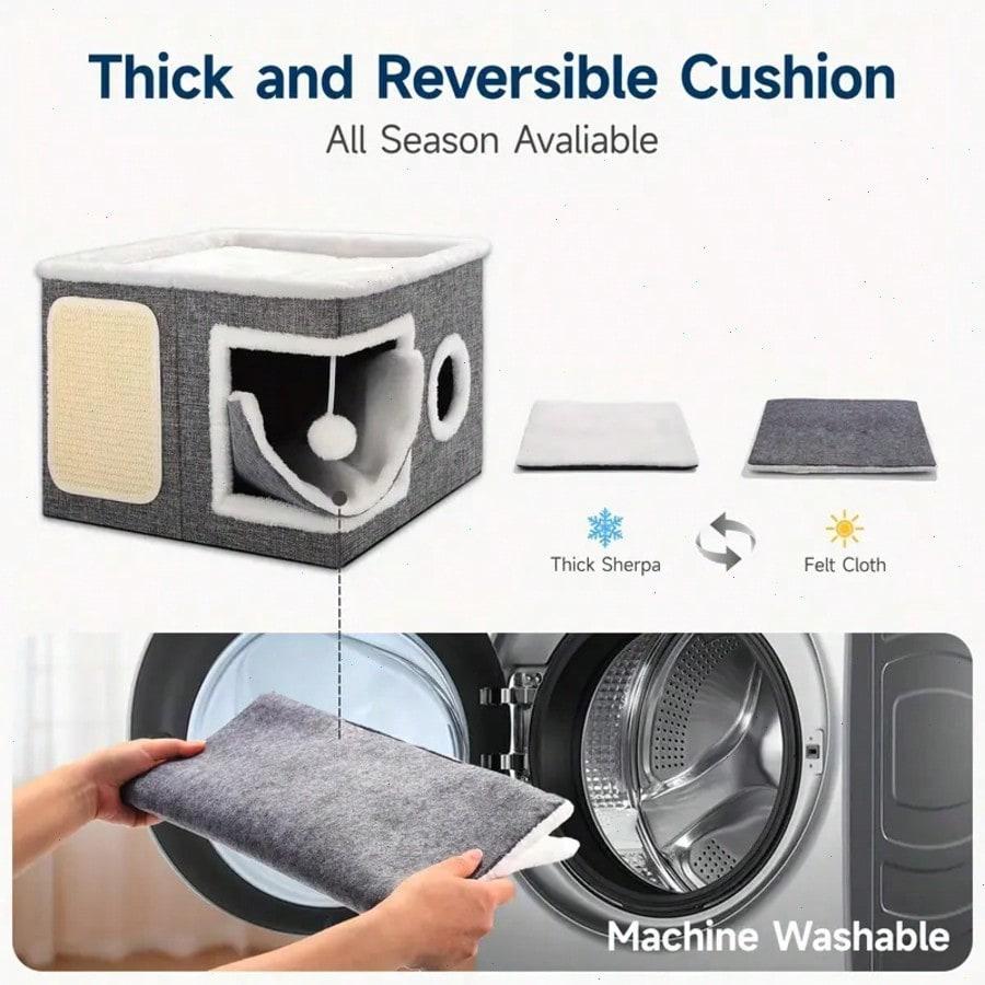 Luxury 4-Season Multi-Level Cat House: Foldable Indoor Play Cube with 2-Layer Bed, Toy Tunnel, Scratching Board, Climbing Rope, Soft Cushions