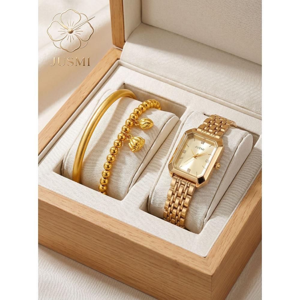 Light Luxury Gold Square Women s Steel Belt Quartz Watch + Bracelet 2-piece Set золотой